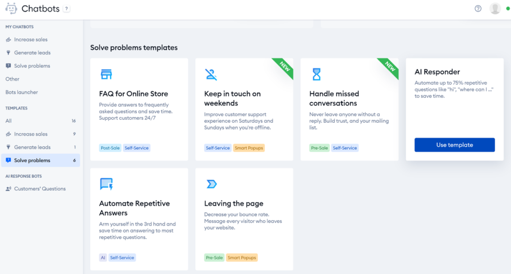Tidio - chatbot templates